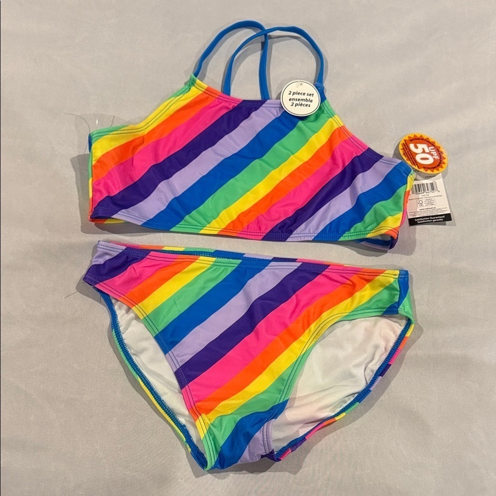 George Bikini Bathing Suit Rainbow Striped Kids UPF 50 Size XL (14-16)